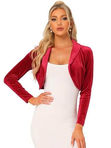 Image of Allegra K Long Sleeve Velvet Shrug Top for Women's Open Front Cocktail Party Cropped Bolero Cardigan