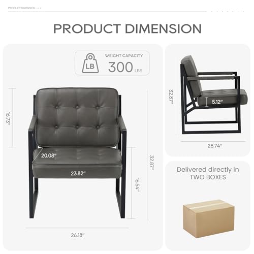 Image of COLAMY Accent Chairs Set of 2, Modern Accent Arm Chairs for Living Room, Comfy Leather Armchairs with Metal Legs for Bedroom Reception Room, Grey