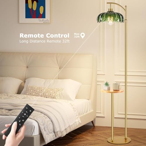 Image of QIYIZM Glass Floor Lamp with Table and Shelves for Living Room Bedroom,Gold Standing Lamp with Remote Dimmable,Boho Brass Tall Lamp Vintage Farmhouse Arc Green Flower Floor Light Bohemian