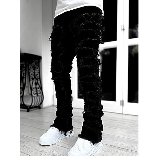 Mens Stacked Denim Jeggings Distressed Destroyed Slim Fit Washed Moto Biker Jeans Stretch Straight Leg Denim Pants2