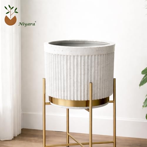 Image of Niyara FRP Planter Pot | Ribbed Round Fiber Reinforced Plastic Flower Pot for Indoor & Outdoor Plants | Lightweight Heavy Duty Decorative Garden & Balcony Pot (White Speckled Finish)