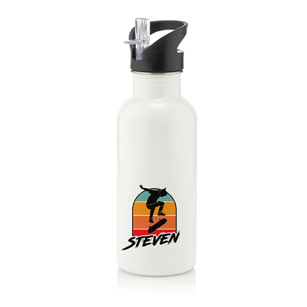 Getagift Unisex Kids White Personalised Any Name Skateboarding, Silhouette Skater, Skateboarder Gift For Boys/Girls/Toddler/Children, Stainless Steel 600Ml Water Bottle With Straw. (White)