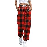 Women Girls Christmas Pants Cute Elf Santa Snowman Red Plaid Printed Casual Long Sweatpants with...