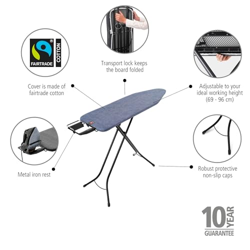 Image of Brabantia Comfort Ironing Board with Left /Right Adjustable Steam Iron Rest | Medium (Size B) | Fairtrade Denim Blue Cover | Adjustable Height (27-38 inch), Easy Fold, Anti-Collapse Lock, Non-Slip Feet