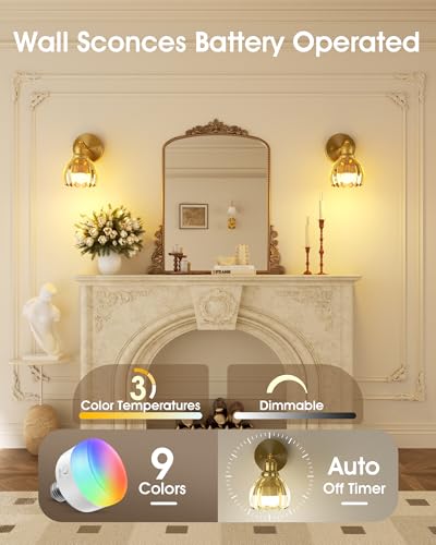 Image of VOLISUN Vintage Battery Operated Wall Sconces, with Amber Tulip Glass Lampshade, Wireless Wall Sconces Set of Two, Rechargeable Battery Powered Wall Lights, Sconces Wall Decor for Bedroom Living Room