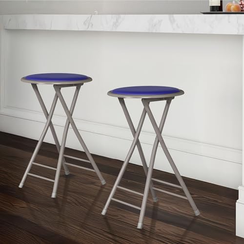 Image of Lavish Home Folding Stool with Padded Backless Seat Set of 2, Blue, 24 inch | Counter Height Bar Stools with 225lb Capacity, Portable Indoor & Outdoor, Extra Seat for Kitchen, Rec Room or Camping