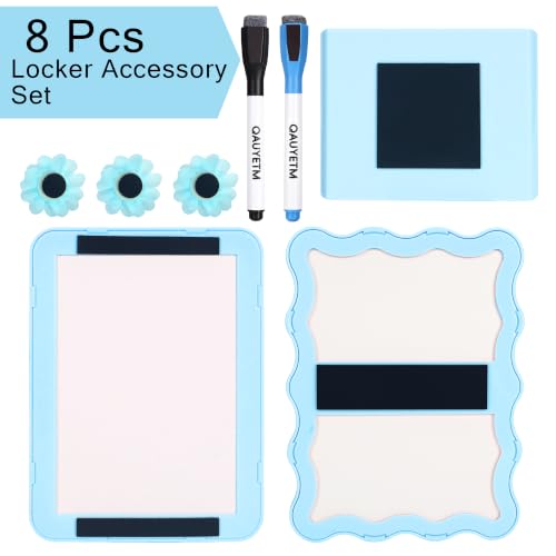 Image of 8 PCS Blue Locker Accessories Kit for Girls with Magnetic Mirror Whiteboard Pen Holder Flower Magnets Cute Aesthetic Locker Decoration Set for School Dorm Office Organization