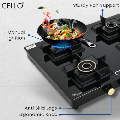 Image of Cello PEARL PLUS GT 4 Burner Gas Stove - Flower Design Brass Burners, 6mm Toughened Glass, Heavy-Duty Brass Valves, Flame Guard Pan Supports