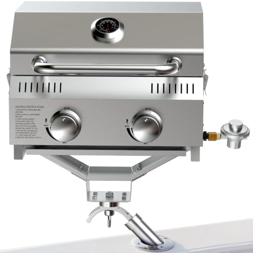 Image of BESTFIRE Marine Boat Grill 20000 BTU 304SS Rod Mount | 304 stainless steel | Fits 15 /30 /90 rod holders | Dual propane connections | Removable 4-leg stand | Saltwater-ready