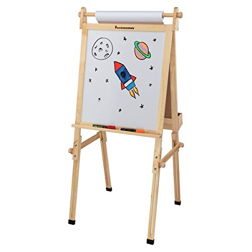 Fundamentals Kids Art Easel 3 In 1 Multipurpose Wooden Art Easel, Chalk Board & Dry Erase White Board & Paper Roll With Paper Clamp Adjustable Height 36.5"- 51" - Natural Finish #TOP4