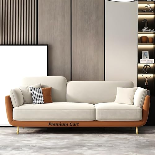Image of Velvet Contemperory Sofa with Cushion Chaise Lounge Sectional Sofa Perfect for Living Room & Bedroom Guests Home & Office (Brown & Cream, Three Seater)