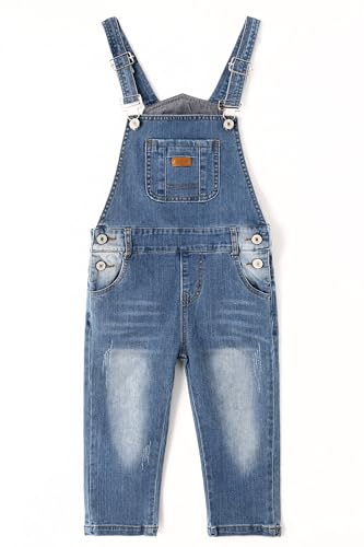 KIDSCOOL SPACE Baby Girls Denim Overalls,Toddler Boys Adjustable Ripped Fashion Jeans Workwear,Light Blue,3T