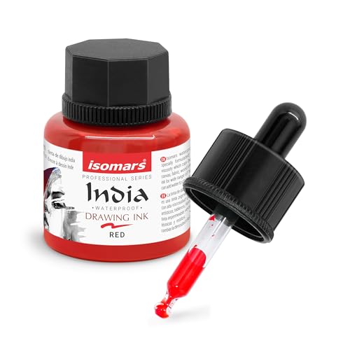 Image of Isomars Waterproof Drawing Ink with Dropper - 35ml | India Ink for Calligraphy, Art, Technical Drawing | Fade-Resistant & Quick-Drying (Red)