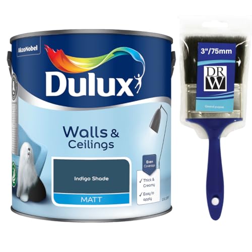 Image of Indigo Shade Walls & Ceilings Matt Emulsion Paint 2.5L + 3" Emulsion Paint Brush – Smooth Creamy Finish, Quick Dry, Low VOC, Easy Application for Walls & Ceilings