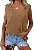 goforparis Womens Crew Neck Sleeveless Tank Tops Workout Yoga Loose Lightweight Flowy Summer Tee Shirts with Pocket Khaki