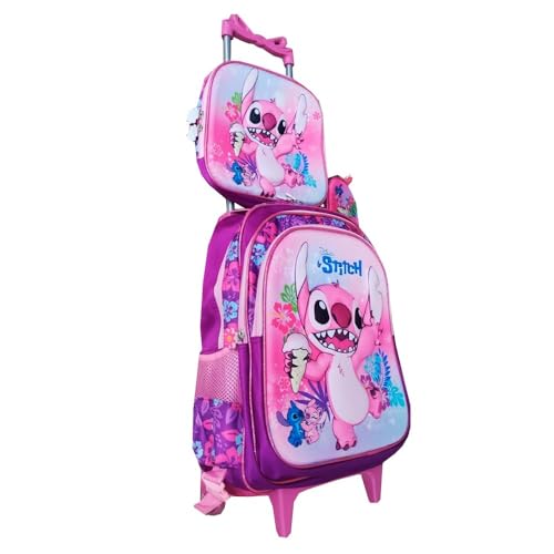 Kit Mochila com Rodinhas Stitch em 3D Menina + Lancheira Térmica + Estojo Escolar Infantil