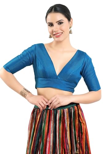 Image of Vamas Women's Silk Padded Self Design Half Sleeve Readymade Saree Blouse (X-1111.ELB)