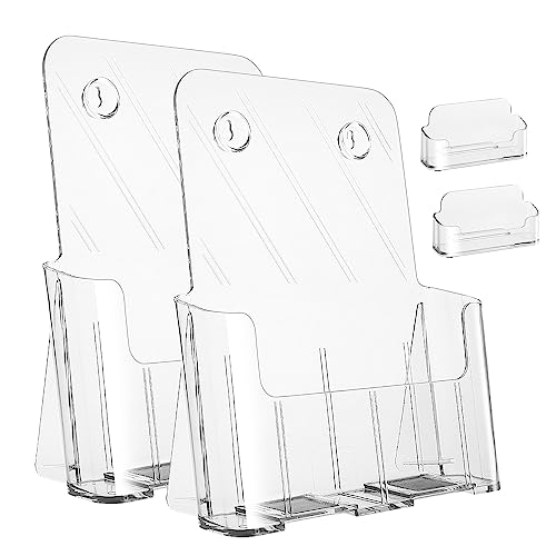 Acrylic Brochure Holder 8.5 x 11 inches, 2 Pack Clear Brochure Display Stand with Removable Divider for Trifold 4 Inches Wide Pamphlet, Plastic Flyer Holder for Magazine, Literature, Booklet