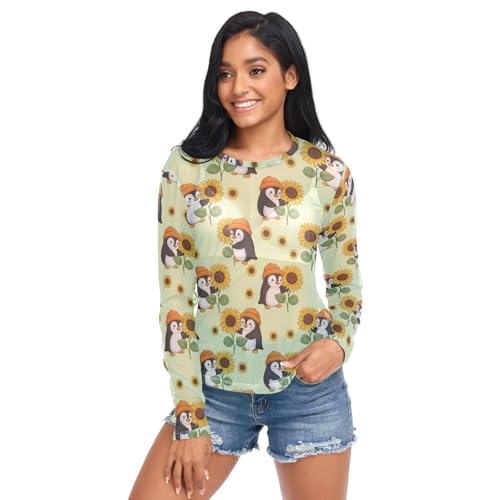 Cartoon Penguin Sunflower See Through Tops for Women Mesh Sheer Tops Long Sleeve Women Blouse Handle Zipper Beach Camping Swimming Pool Size XL