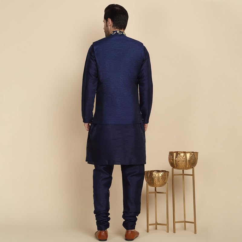 Image of KRAFT INDIA Men's Stylish Silk Kurta with Churidar & Nehru Jacket Set