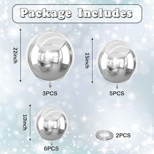 Image of 14 Pcs Silver Round Foil Balloons 22 /15 /10 4D Ball Balloons Metallic Silver Balloon Ornament Mylar Balloon Chrome for Graduation Birthday Wedding Anniversary New Year Disco Party Decorations