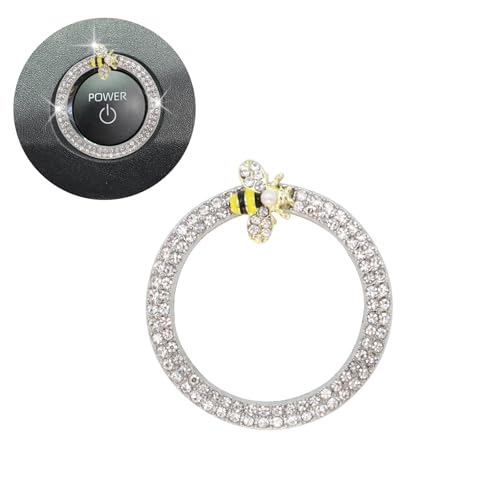 Image of ORIESSE Bee Car Accessories Engine Push Start Button Car Decor Ring | Silver Girly Start /Stop Button Charm,Bling Rhinestone Alloy Star Button Decoration Ring