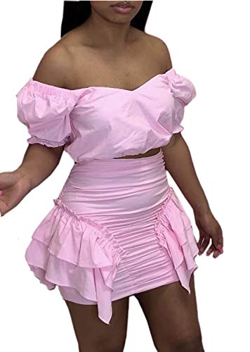 2 Piece Outfits Set for Women Short Sleeve Shirts & Ruffles Hem Short Bottoms Set Club Wear