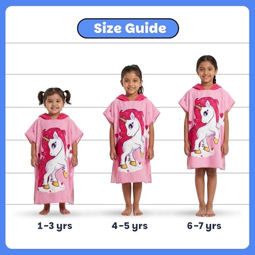 Image of Famyo Pink Unicorn Poncho Towel for Kids, Hooded Micro-Fiber Bath Towel for Toddlers, Boys & Girls, Soft & Cozy, Ages 1-7 Years, Cute Design, Bathrobe Alternative 60x60 Cm