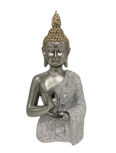 SIGNES GRIMALT Statue en résine, Buste de Bouddha argentée, Collection Lotus Blanc, Hauteur 35 cm