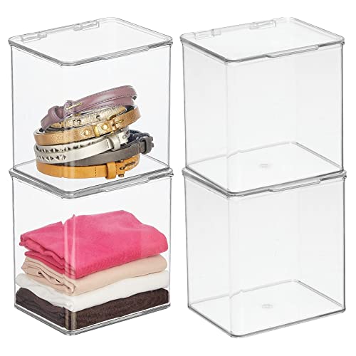 mDesign Plastic Closet Storage Organizer Box Containers with Hinged Lid for Bedroom Shelves or Cabinets, Holds Flats, Sandals, Sneakers, Dress Shoes, Heels, Booties, and Wedges - 4 Pack - Clear