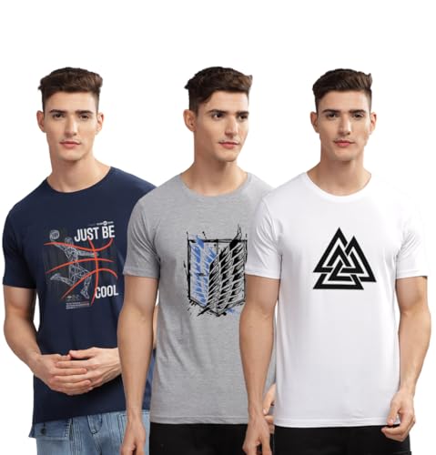 Image of ADRO 100% Cotton Lycra Tshirts for Men Combo Pack of 3 | Regular Fit | Printed T Shirt | Round Neck Half Sleeve| Mens Tshirts