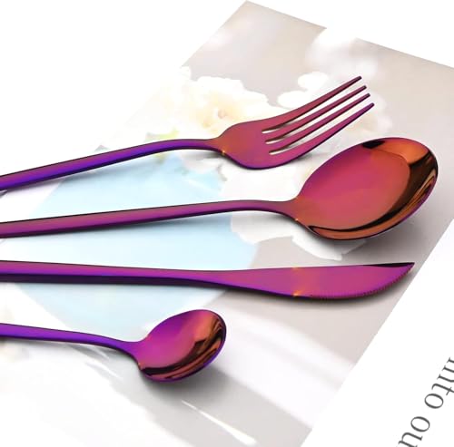 Image of 16 pcs Flatware Set,Pink Silverware Set for 4, Knife Fork Spoon, Stainless Steel Home Dinnerware Tableware,Mixed Cutlery Set Eating Utensils for Restaurants (16 Pcs Pink)
