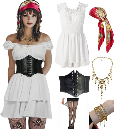 minkasic Pirate Costume Women Sexy Womens Pirate Romper Dress Outfit with Bandana Corset Accessories 6PCS