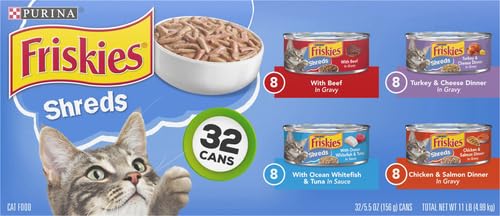 Image of Friskies Purina Gravy Wet Cat Food Variety Pack, Savory Shreds with Beef, Turkey and Cheese Dinner, Chicken & Salmon Dinner, with Ocean Whitefish & Tuna - 5.5 oz. Cans (Pack of 64)