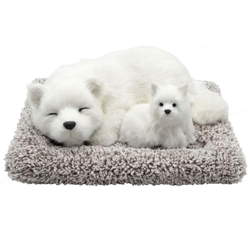 Image of FunBlast Sleeping Cute Dog with Puppy - Realistic Soft & Lifelike Pet Puppy with Bed for Car Dashboard and Home Decor, Sleeping Dog Soft Toy (White)