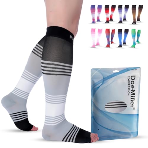 Image of Doc Miller Open Toe Compression Socks for Women & Men - 20-30 mmHg Knee High Compression for Swelling, Varicose Veins & Leg Pain - Wide Calf Toeless Design for Work, Travel & Everyday Wear - 1 Pair