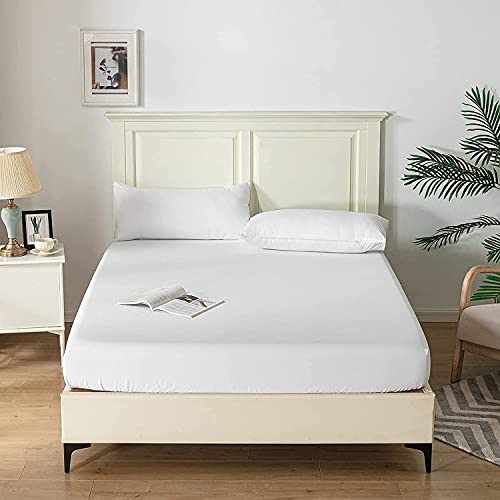 Good Nite Double Fitted Sheet Bed Sheets 25cm Extra Deep Pocket Fitted Bedding Sheets Soft and Breathable (White Double)
