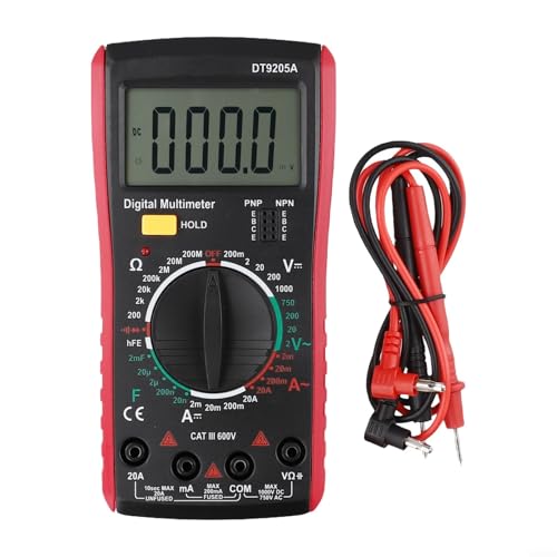 DT9205A Digital Multimeter with LCD Display, Multi-Function AC/DC Voltage and Current Tester, Resistance, Capacitance, Diode and hFE Measurement, Retractable Stand, Auto Power Off, 1999 Count