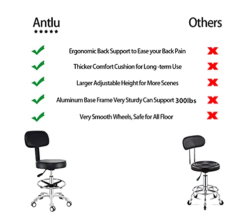 Image of Antlu Rolling Adjustable Stool Drafting Chair for Office Shop Kitchen Medical Salon,Swivel Stool with Wheels and Back (Black, with Foot Ring)