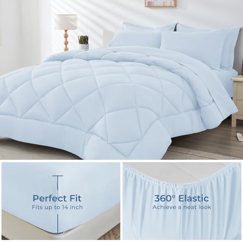 HEVUMYI Light Blue Full Comforter Set - 7-Piece All Season Bed in a Bag Full, Ultra Soft Bedding Set with Comforter, Flat Sheet, Fitted Sheet, Pillowcases, Pillow Shams