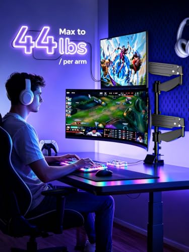 Image of suptek Dual Monitor Arm Desk Mount for 17-49 Inch Ultrawide Monitors, Heavy Duty Dual Monitor Mount Holds 44 lbs, Full Motion Gas Spring Vertical Stacked Monitor Mount, 75 /100 VESA Mount, Black