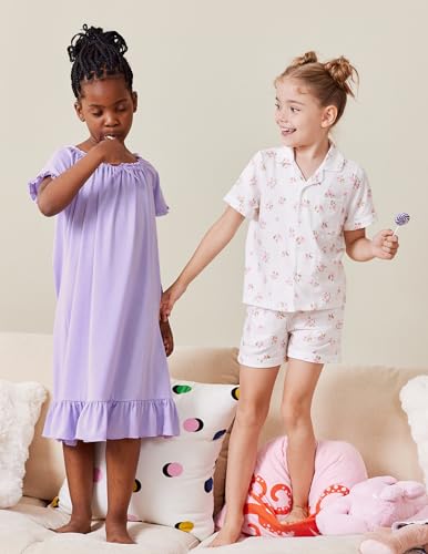 Image of Arshiner Girls Pajamas Sets Short Sleeve Kids Pjs Button Down Sleepwear | Cute Printed Pajamas for Little & Big Girl, Lightweight Comfy Fabric, 2-Piece Outfits, Perfect for Lounge Pajamas Party