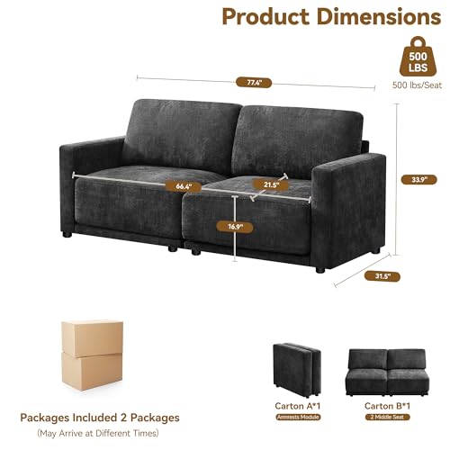 Image of 77.4 inch Chenille Modular Loveseat Oversized Upholstered 2 Seater Sectional Sofa with Thickened Cushions, Easy Assembly, Modern Comfy Love Seat Couch for Living Room, Black