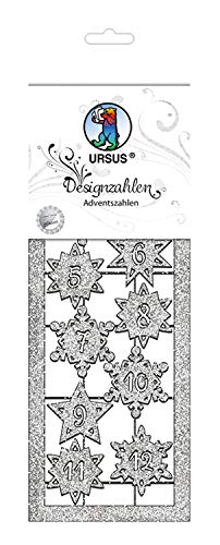 Ursus 57550004 - Designzahlen, Adventszahlen, silber, ca. 27 x 10 cm, 330 g/qm, 2 Bogen, aus Glitterkarton, gelasert