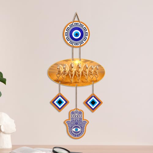 Image of Artvibes Seven Running Horses Evil Eye Wall Hanging for Home Entrance Door Decor | Vastu Feng Shui Lucky Horses Wall Art with Nazar Battu Protection for Wealth Success Prosperity (WH 85131N)