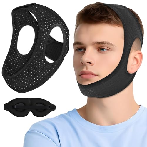 Chin Strap for Sleeping, Anti Snoring Devices Comfortable Effective Stop Snoring Solution, Snore Stopper Breathable, Anti Snore Chin Strap Adjustable Velcro, with Eye Mask, Black