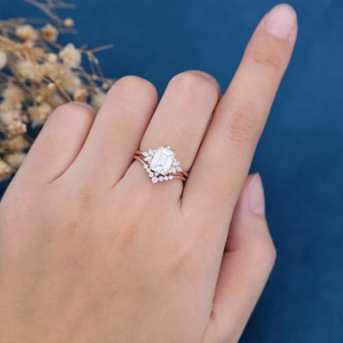 Emerald Cut Moissanite Wedding Ring Set for Women 1.5CT Moissanite Bridal Ring Set 925 Sterling Silver 10K 14K 18K Gold Vintage Engagement Ring Set for Wife Bridal with Free Engraving2