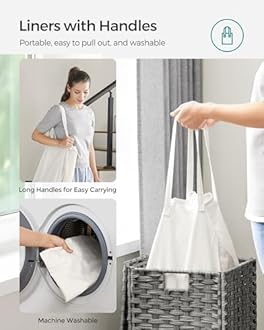 SONGMICS Laundry Hamper with Lid, 17.2 Gallon (65 L) Synthetic Rattan Clothes Laundry Basket with Lid and Handles, Foldable, Removable Liner, Dove Gray ULCB165G01