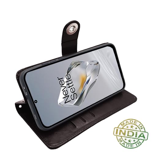 Image of Pikkme OnePlus 12 5G Flip Cover Leather Finish | Inside TPU with Card Pockets | Wallet Stand and Shock Proof | Complete Protection Button Flip Case (Coffee)