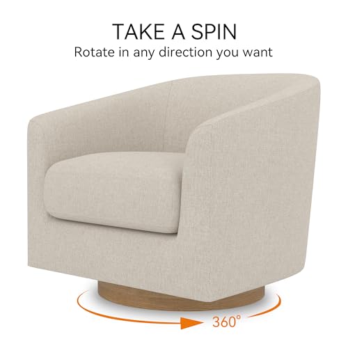Image of Swivel Accent, Upholstered Modern Barrel-Curved Arm, Linen Fabric Comfty Sofa Solid Wood Base Reading Bedroom, Club Living Room Chair, 31.1 inchW x 31.5 inch D x 28.9 inch H, Flax Beige